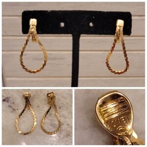 Vtg Monet Signed Chain Loop Hoop Gold Tone Dangle Clip-on  Earrings